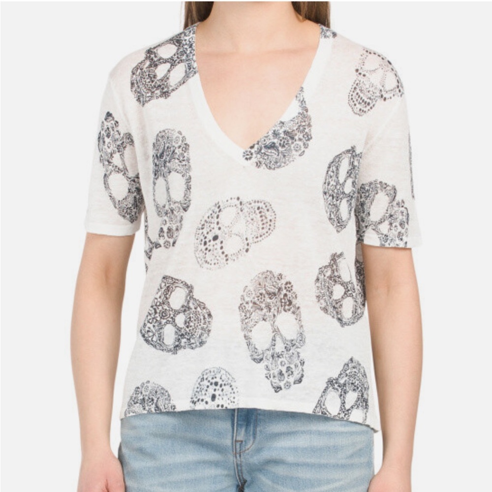 New Skull Cashmere White/Charcoal RUMA Linen Skull BOHO Top Size L - Picture 9 of 15
